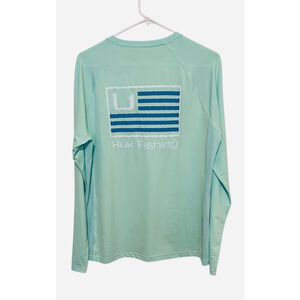 Huk Fishing Performance Shirt Men’s XL Green Blue Flag Logo Vented Long Sleeve